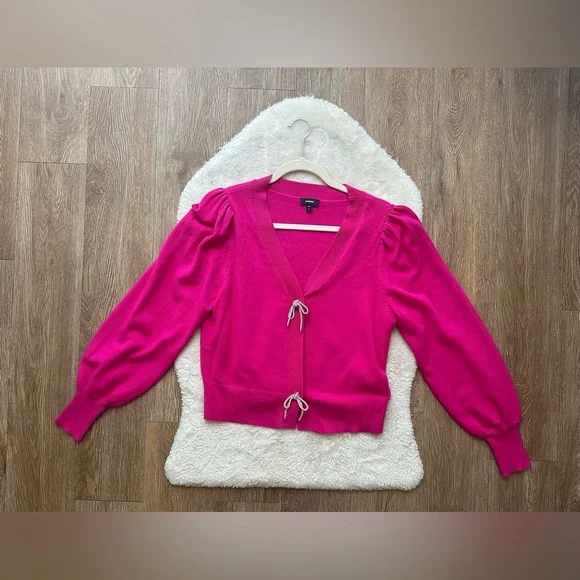 Express V-neck Pink Women’s Sweater with Rhinestone Bows - Picture 2 of 6